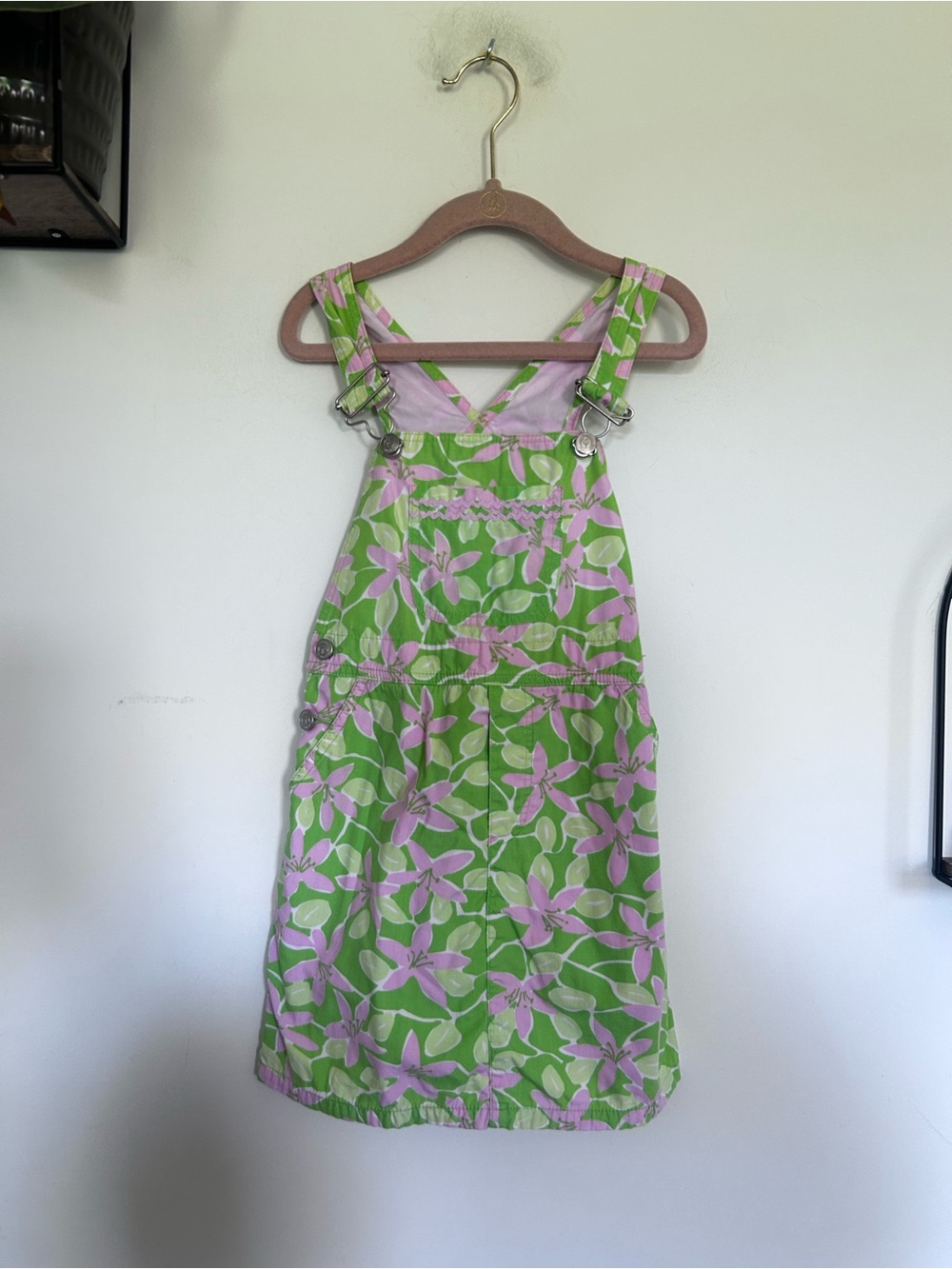 Vintage Lilly Pulitzer Green Pink Hibiscus Floral Print Overall Dress 4 Toddler